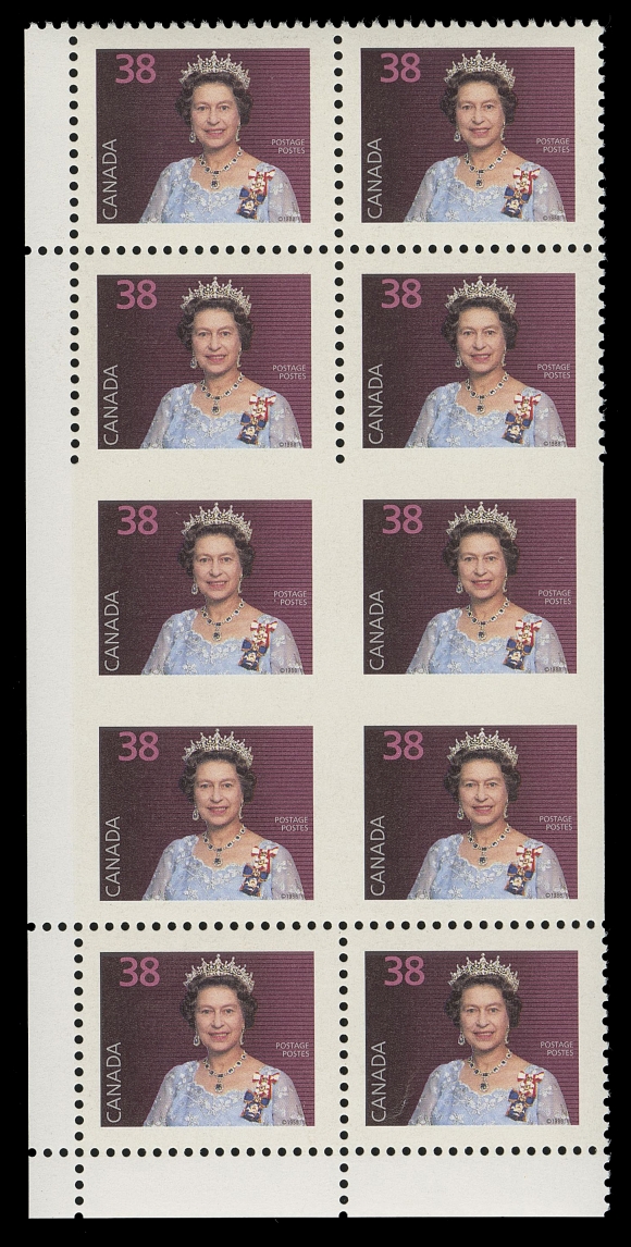 CANADA - 10 QUEEN ELIZABETH II  1164c,Lower left field stock (no imprint as issued) mint block of ten with a major perforation error, resulting in an imperforate block in the third and fourth rows, VF NH
