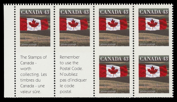 CANADA - 10 QUEEN ELIZABETH II  1359f, 1359fii,A mint booklet pane six plus two labels, imperforate horizontally between resulting in four imperforate between pairs, two having a printed label at foot, scarce, VF NH