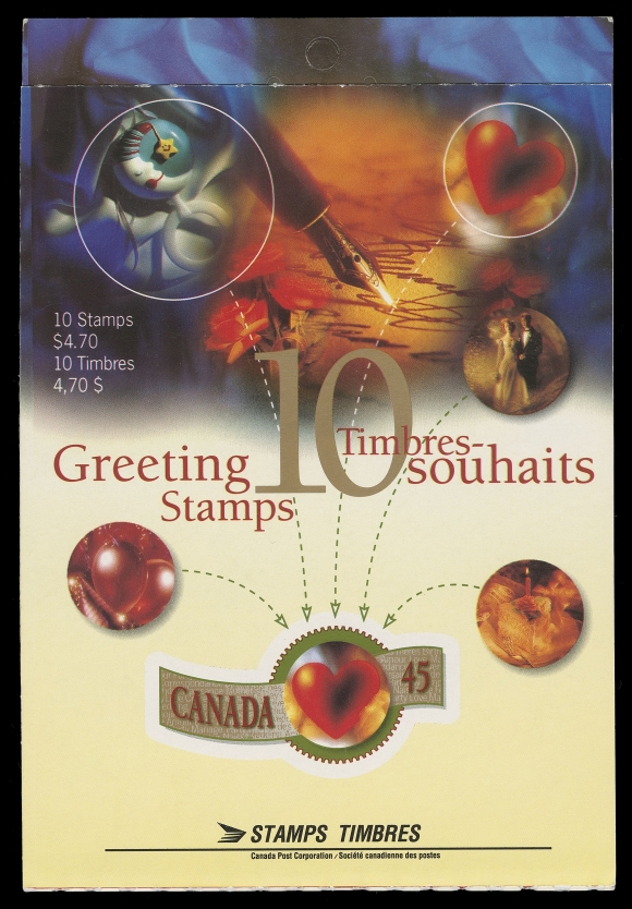 CANADA - 10 QUEEN ELIZABETH II  1601b,An intact booklet showing all ten self-adhesive stamps WITHOUT DIE CUTTING - resulting in imperforate stamps and 35 greeting stickers. Of the six recorded imperforate booklets, only three are left intact, VF NH