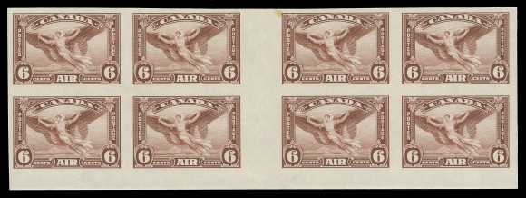 CANADA - 12 AIRMAILS  C5iii,An impressive mint imperforate interpanneau block of eight with  gutter margin between blocks, lower sheet margin at foot; tiny  stain in top margin, rare - only eight such blocks survive intact, VF NH, choice