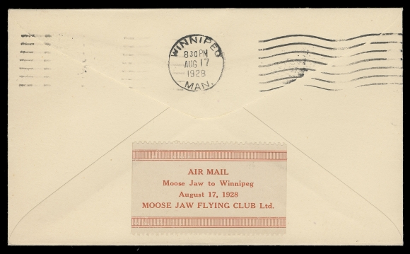 CANADA - 13 SEMI-OFFICIAL AIRMAILS  1928 (August 17) Moose Jaw, Saskatchewan to Winnipeg, Manitoba Flight; pristine cover bearing well centered 2c green Admiral tied by clear Moose Jaw 10:30 AM AUG 17 1928 machine cancel; the ($1) red on white Moose Jaw stamp (Position 3 in the pane of five) on reverse is well centered, sound and in choice condition, affixed at foot of envelope showing Winnipeg 8:30 PM AUG 17 1928 arrival postmark above stamp as do most known flight covers. A particularly choice example of this scarce flight cover, XF (AAMC CLP7-2800; Unitrade cat. $3,500)