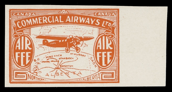 CANADA - 13 SEMI-OFFICIAL AIRMAILS  CL48P,Plate proof set of all six colours - black, orange, deep carmine, green, violet and lemon yellow on thick glazed card, imperforate and ungummed; each with sheet margin at right and Kessler airmail expert backstamp, VF