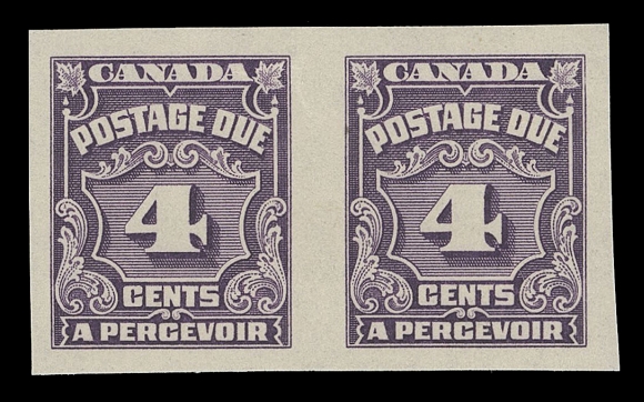 CANADA - 16 POSTAGE DUE  J15a-J20a,The complete set of four large margined mint imperforate pairs; tiny gum wrinkle on 4c, a superior set with unusually pristine original gum, unlike many pairs we have observed, XF NH