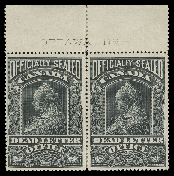CANADA - 19 OFFICIALLY SEALED AND POW  OX3,A top margin mint pair showing full "OTTAWA - No. - 1" plate imprint, a few split perfs sensibly strengthened by a hinge, nicely centered and fresh, VF H