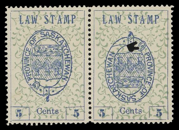 CANADA REVENUES (PROVINCIAL)  SL1a,Used pair with inverted "Coat of Arms" central vignette on right stamp, single "R" (Regina) punch cancel; left stamp (Pos. 18) shows constant "Broken Buckle" variety. Rare - only three pairs recorded (one is mint in the unique sheet), VF; 2002 PF cert.