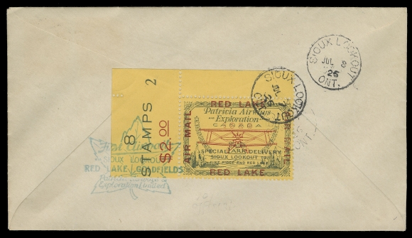 CANADA - 13 SEMI-OFFICIAL AIRMAILS  1926 (July 7) Red Lake - Sioux Lookout First Flight; Patricia Airways & Exploration Limited envelope, flight cachet in green, pilot signed, franked with 4c olive bistre Admiral tied by grid, Red Lake split ring at left; on reverse top left corner margin (25c) Patricia Airways, Style One with Blue-Black route inscription and ESSAY of the RED LAKE / AIR MAIL - in noticeably larger & thicker Gothic font type, tied by Red Lake JUL 7 split ring departure and same-day Sioux Lookout CDS on arrival, VF (Unitrade CL13c variety; unlisted essay)