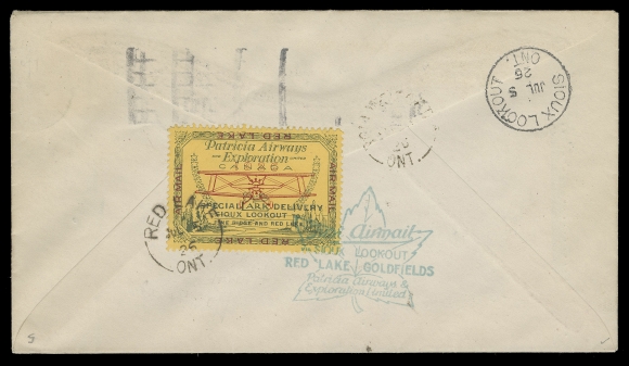 CANADA - 13 SEMI-OFFICIAL AIRMAILS  1926 (July 5) Sioux Lookout - Red Lake Initial Flight; Buffalo Suburban Securities Co. Inc. Toronto advert envelope, flight cachet and pilot signed "Doc Oaks", bearing 2c green Admiral tied by Toronto JUL 1 slogan and CDS dispatch; on reverse (25c) Patricia Airways Style One official stamp with Blue-Black route inscription and displaying the rare INVERTED "RED LAKE" marginal inscriptions, faint Rolling Portage JUL 3 split ring and Sioux Lookout JUL 5 departure CDS, airmail tied by same-day Red Lake JUL 5 split ring on arrival, VF (Unitrade CL13ci; cat. $2,500+)