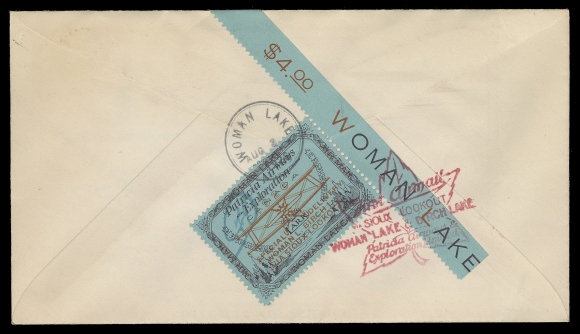 CANADA - 13 SEMI-OFFICIAL AIRMAILS  1926 (August 2) Sioux Lookout - Woman Lake First Flight with scarcer flight cachet in RED on both sides, bearing pair of 1c orange, Die I Admiral tied by Sioux Lookout duplex; on reverse (50c) Patricia Airways, Style Two official stamp, with monogram "FED" handstamp in green, additionally showing the elusive "LOOKOTT" variety tied by same-day Woman Lake AUG 2 double-ring datestamp on arrival, very scarce combination, VF and rare (Unitrade CL18f; cat. $2,850) 