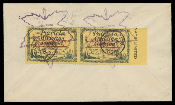 CANADA - 13 SEMI-OFFICIAL AIRMAILS  1928 (March 9) Narrow Lake - Sioux Lookout First Flight; flight cacheted cover, pilot signed, bearing a 3c Parliament tied by Narrow Lake split ring departure CDS; on reverse an outstanding pair of (10c) Patricia Airways Ltd., rouletted, both with the INVERTED AIRPLANE error, further tied by flight cachets and postmarked same-day by Sioux Lookout CDS on arrival, VF (Unitrade CL43a, listed but still unpriced on cover)

ONLY TWO COVERS ARE KNOWN BEARING THE INVERTED AIRPLANE - THE OTHER FRANKED WITH A SINGLE, MAKING THIS UNIQUE COVER THE MOST IMPRESSIVE AND DESIRABLE OF THE TWO.