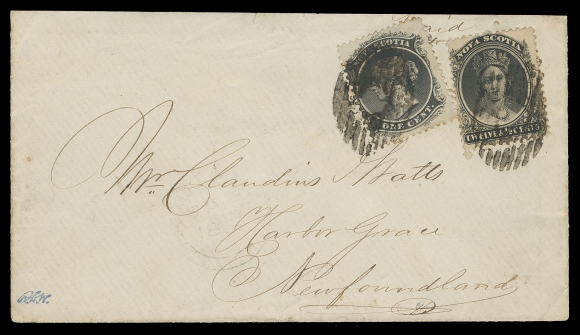 NOVA SCOTIA -  2 CENTS  1867 (August) Clean cover to Harbor Grace, Newfoundland - the  rarely seen 13½c letter rate, mailed from the Interior of  Nova Scotia to Newfoundland, franked with 1c and 12½c black tied  by oval mute grid cancels; portion of backflap missing, partial  Cape Breton dispatch (likely North Sydney), clear Sydney, CB AU  19 transit and St. John