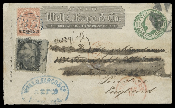 BRITISH COLUMBIA  1869 (September 20) Wells, Fargo & Co. printed frank in black on US 10c green paste-up cover front, British addressee obliterated in black ink, franked with British Columbia 5c bright red, perf 14 tied by neat grid 