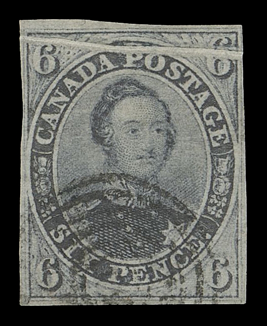 CANADA -  2 PENCE  2 variety,A remarkable used single with prominent laid lines and an unusual pre-printing paper fold near top, neat face-free concentric rings cancellation. A rarely observed printing variety as prominent on any Pence stamp, Fine; 2021 Greene Foundation cert.