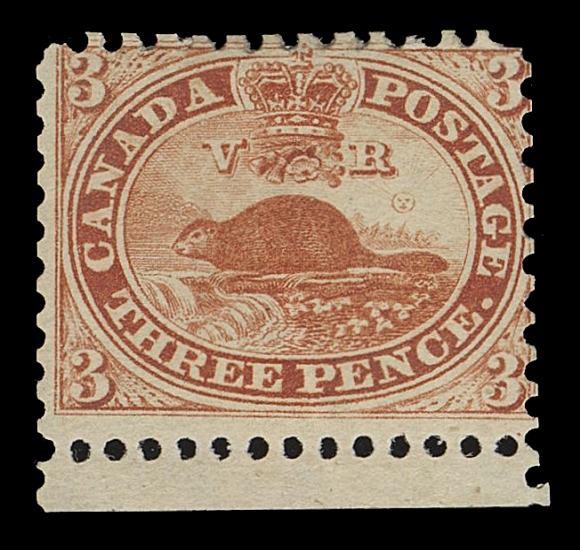 CANADA -  2 PENCE  12,An extremely scarce mint example of this difficult stamp, slight gum bend not mentioned in accompanying certificate, possessing exceptionally deep colour and sharp impression on fresh paper along, fill intact perforations, sheet margin at foot and still retaining an unusually large portion of its original gum. Only a few mint OG examples survive, pencil signed by expert H. Bloch on reverse, Fine OG

Expertization: 2021 Greene Foundation certificate