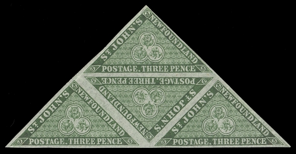NEWFOUNDLAND -  1 PENCE  11A,Bright fresh mint triangular block of four, lightly hinged on top stamp and minor gun bends at lower right, three stamps are NH, VF