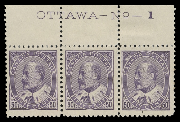 CANADA -  7 KING EDWARD VII  95,An impressive mint strip of three showing full "OTTAWA - No - 1" imprint in the top  margin, tiny natural inclusion at foot of right stamp and slight natural short gumming along top of the stamps due to their oversized margins. Well centered and fresh, hinged on centre stamp and in the ungummed area of margin, left and right stamps never hinged. Only a handful of Fifty cent King Edward VII plate multiples are known, this one is particularly attractive, VF