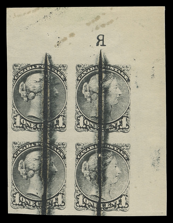 CANADA -  5 SMALL QUEEN  35,Upper right imperforate block on wove paper with reversed "R" marking indicating plate had been re-entered, characteristic vertical defacement lines. A very scarce positional block, VF; 2019 Greene Foundation cert. (Unitrade cat. $2,400)