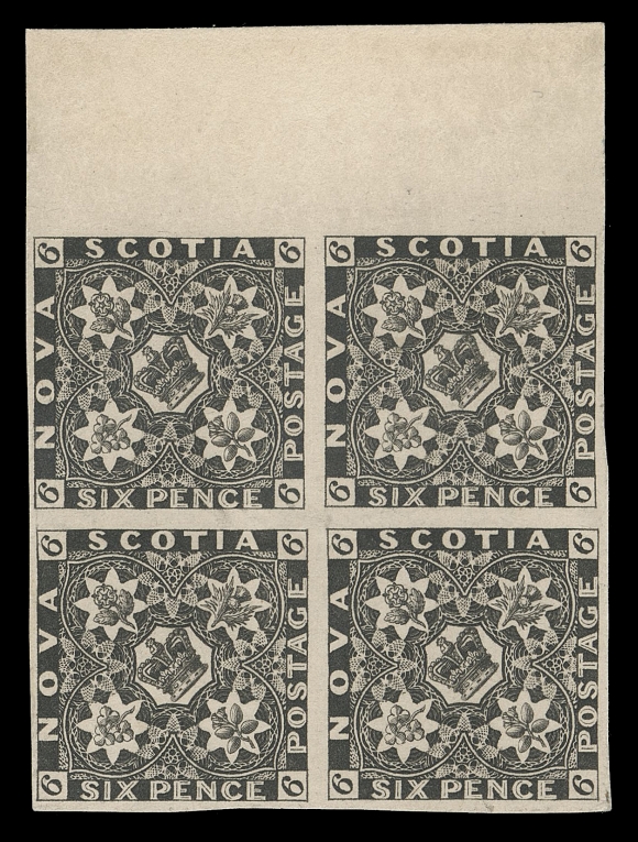 NOVA SCOTIA -  1 PENCE  4,Perkins Bacon original plate proof block printed in black on thin card, sheet margin on one side and large margins on other sides; not often seen in a block, VF; 2022 Greene Foundation cert.