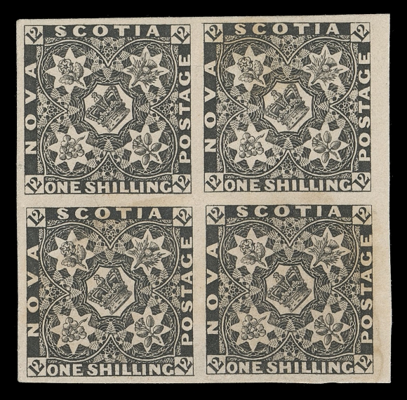 NOVA SCOTIA -  1 PENCE  6,Perkins Bacon original plate proof block of four printed in black on thin card with noticeably large margins all around; an appealing and scarce proof multiple, VF; 2022 Greene Foundation cert.
