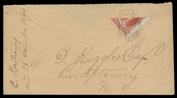 NOVA SCOTIA -  2 CENTS  1860 (December 18) Manila cover from Wilmot to Bridgetown bearing a diagonally bisected 10c vermilion, part of ABNC imprint captured in wing margin at right, neatly tied by mute grid cancellation, slightly clipped perfs at foot; couple natural wrinkles to envelope and backflap missing. Clear Wilmot double arc dispatch and partially legible Bridgetown DE 19 receiver backstamps; pays the 5c domestic letter rate just after eight weeks after Decimal stamps came into circulation, F-VF (Unitrade 12b)

Expertization: 1957 RPS of London certificate; submitted by Nicholas Argenti, famous expert and author on New Brunswick and Nova Scotia philately.

Provenance: Frederick Mayer, H.R. Harmer, May 2004; Lot 746
                   Nicholas Argenti, Harmer Rooke & Co., November 1963; Lot 657