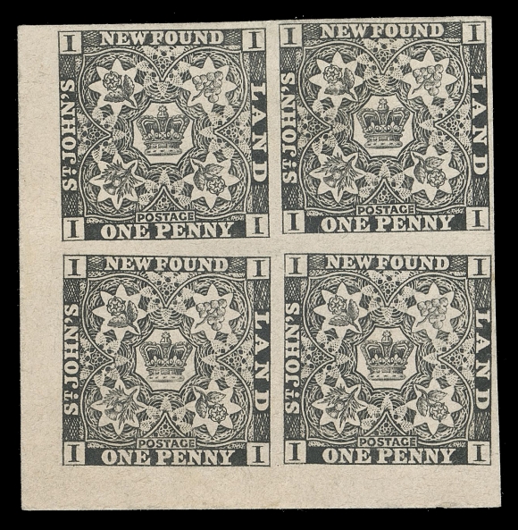 NEWFOUNDLAND -  1 PENCE  1,Perkins Bacon original plate proof block printed in black on thin card, slight card thins, an attractive and UNIQUE corner margin position (from one sheet of 120 printed), VF; clear 2022 Greene Foundation cert.