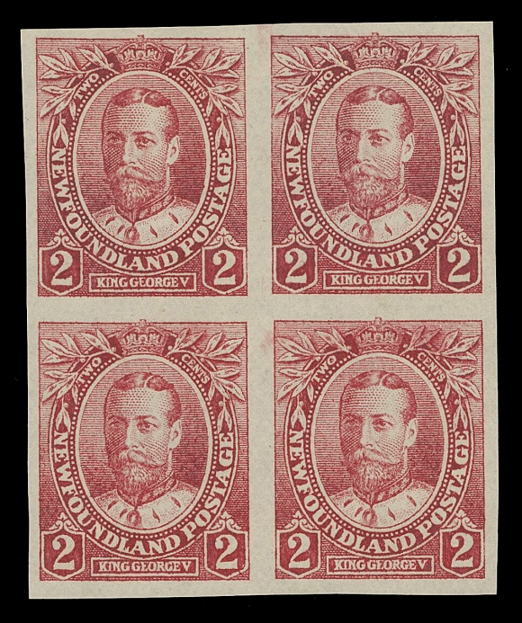 NEWFOUNDLAND -  4 1897-1947 ISSUES  104a, 105a, 108a, 114a,Selected, fresh, full margined imperforate blocks of four with bright colours, ungummed as issued, elusive in blocks, VF-XF