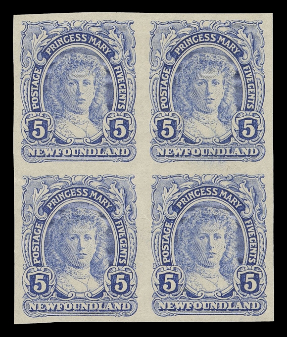 NEWFOUNDLAND -  4 1897-1947 ISSUES  104a, 105a, 108a, 114a,Selected, fresh, full margined imperforate blocks of four with bright colours, ungummed as issued, elusive in blocks, VF-XF