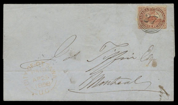 CANADA -  2 PENCE  1858 (April 25) Blue folded cover from Ottawa to Montreal franked with a 3c red on soft horizontally ribbed paper, right margin just in outer frameline, otherwise large margined and tied by an exceptionally clear four-ring 