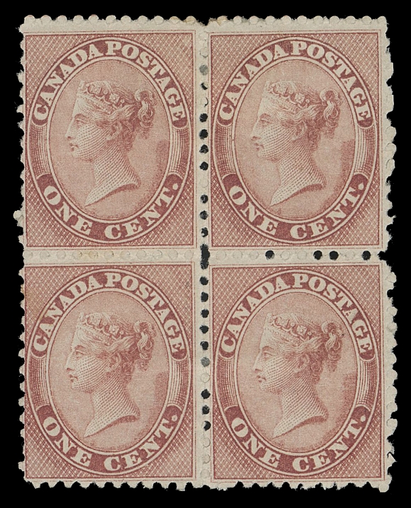 CANADA -  3 CENTS  14b,A remarkable mint block from an early printing, well centered for this difficult stamp, some uncleared perf discs - a common feature on many of the known mint examples, fabulous colour and sharp impression on fresh paper, possessing an unusually large part original gum, trifle disturbed at foot from previous hinging. One of the nicest existing blocks of this early printing extant, F-VF

Expertization: 2022 Greene Foundation certificate

Provenance: Bertram Collection of Canada, Shanahan