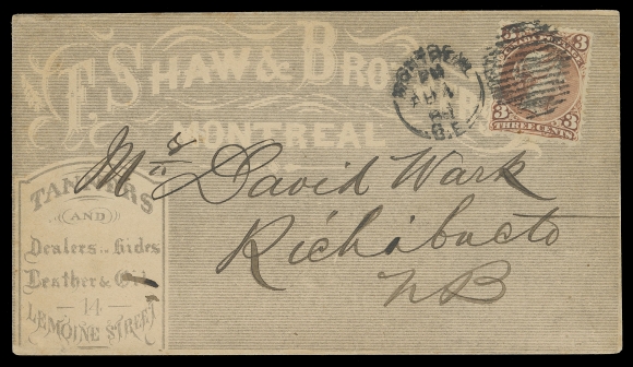 CANADA -  4 LARGE QUEEN  1868 (August 4) F. Shaw & Brothers, Tanners and Dealers in Hides, Leather & Oil, all-over advertising cover franked with a nicely centered 3c Large Queen, colour somewhat oxidized, tied by Montreal duplex, sent to Richibucto, NB, St. John, AU 7 transit and clear Richibucto AU 8 1868 receiver backstamp, VF (Unitrade 25)