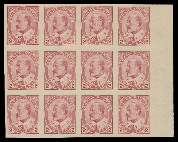 CANADA -  7 KING EDWARD VII  90c,A very scarce imperforate block of twelve of the distinctive Type I design, printed in the brighter shade found only on Plate 2, ungummed as issued; one of the largest Type I surviving multiples (from either plate), VF
