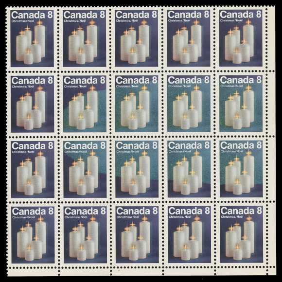 CANADA - 10 QUEEN ELIZABETH II  607ii,Field stock (no imprint as issued) lower right corner block of twenty showing a Repellex Error causing missing red colour - shows a pale blue shade instead of violet blue spanning part to most of the design on eight stamps in centre rows. Most unusual and seldom encountered in such a large multiple, VF NH; 2022 Greene Foundation cert.