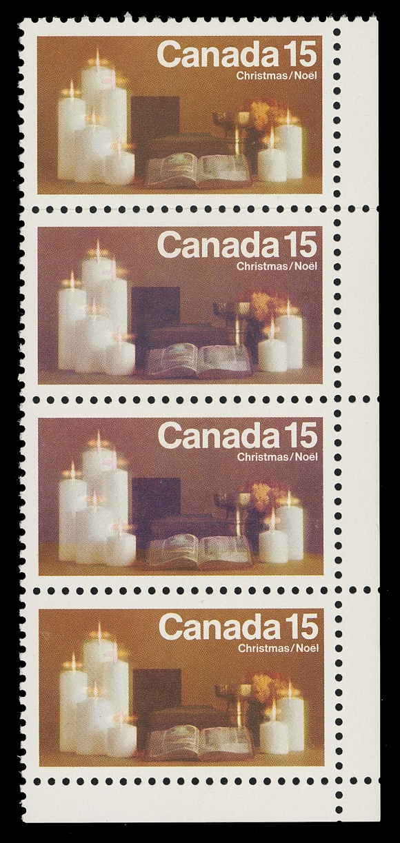 CANADA - 10 QUEEN ELIZABETH II  609 variety,Field stock (no imprint as issued) mint vertical strip of four from lower right corner margin showing a Repellex Error - the yellow colour is COMPLETELY MISSING on the two centre stamps - background is dark brown instead of yellow bistre. Only five such strips are reported, a great rarity currently unlisted in Unitrade, VF NH; 2022 Greene Foundation cert.