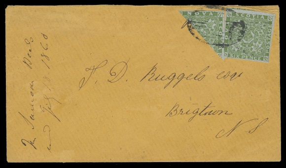 NOVA SCOTIA -  1 PENCE  1860 (July 18) Clean orange envelope from the well-known Ruggles correspondence, bearing a large margined 6p yellow green single and a full margined diagonal bisect, both in choice condition and tied by oval grid cancel, docketing at left, Bridgetown JY 18 1860 receiver. An impressive and remarkably choice bisect cover paying a very rare triple domestic letter rate, VF (Unitrade 4, 4a)

Expertization: 1970 RPS of London certificate

In the exhaustive Arfken & Firby census "The Pence Covers of Nova Scotia and New Brunswick 1851-1860", only three such franking / rate are recorded, this cover being a fourth example.