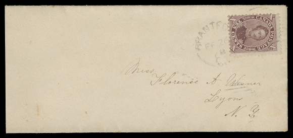 CANADA -  3 CENTS  1868 (February 26) Lady cover in immaculate condition mailed from Brantford, Ontario to Lyons, New York, bearing 10c red lilac, perf 12 (late printing order) tied by light duplex dispatch datestamp; no backstamp as customary for mail to the US; a beautiful cover, XF (Unitrade 17)