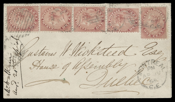 CANADA -  3 CENTS  1865 (April 19) An unusually fresh small white cover bearing five single 1c rose, perf 12x11¾ neatly positioned at top of the envelope, tied by light Montreal duplex and mailed to Legislative Assembly, Québec, next-day receiver and partially legible Legislative Assembly / Canada 20 APR 1865 (Davis LA-6) government official circular datestamp in red on reverse. A lovely cover, VF (Unitrade 14viii)