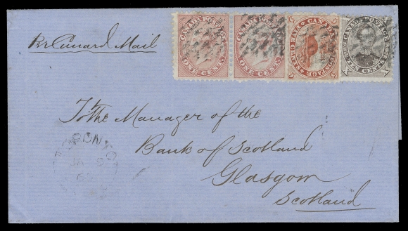 CANADA -  3 CENTS  1865 (January 9) Blue folded cover in pristine condition, endorsed "Per Cunard Line", bearing a remarkable 17 cent franking comprised of 1c rose pair plus single 5c vermilion and 10c lilac brown, all perf 12x11¾ (5c perf 11¾x12) and cancelled by Toronto diamond grids with light dispatch at left, endorsed 