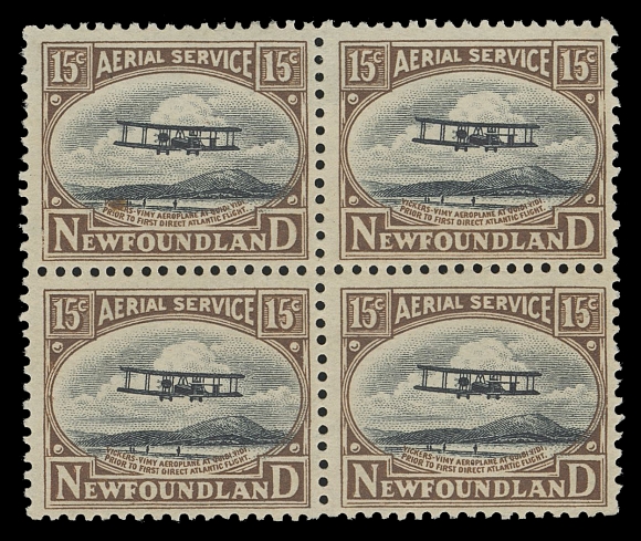 NEWFOUNDLAND -  4 1897-1947 ISSUES  An airmail essay block of four on wove paper, ungummed as issued, it is believed that only one sheet of 100 was printed, making multiples very scarce, F-VF (Walsh AMTE2)