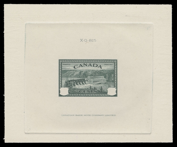 CANADA -  9 KING GEORGE VI  270,Progressive Die Proof without value tablets, engraved, printed in dark green, on untrimmed india paper die sunk on same size card 95 x 78mm, showing full die sinkage, die number "XG 815" and CBN imprint. A fabulous unfinished proof that will stand out in any collection, rare and XF