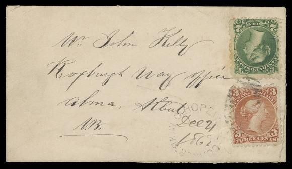 CANADA -  4 LARGE QUEEN  1868 (December 21) Small cover franked with 2c deep green on thin hard paper and 3c red on medium white wove paper, tied by light oval mute grid, double arc W.O Hopewell Corner, NB with filled-in "Dec 21 1868" date, sent to another Way Office with superb backstamp W.O. Salmon River A.C., NB double arc CDS with next day filled-in date, small cover fault. As the cover was mailed a few months after Nova Scotia joined Confederation, the Postmaster from this small Way Office was probably unaware of the rate change from 5c Colonial to 3c, F-VF (Unitrade 24b, 25)