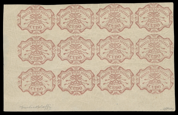 ITALIAN STATES-ROMAN STATES  11,An outstanding mint corner margin block of twelve, well clear margins on other two sides, in flawless condition, faint trace of hinging in top row, lower EIGHT STAMPS NEVER HINGED. Pencil signed by experts Alberto Diena, Giulio Bolaffi and Alberto Bolaffi on either side, a phenomenal mint multiple of this key high value, VF (Scott 2022 US$48,000 - no premium added for multiple or for NH status)

Expertization: 2004 Alberto Bolaffi detailed certificate

ONE OF THE MOST IMPRESSIVE MINT MULTIPLES OF THE PAPAL - ROMAN STATES. A WONDERFUL EXHIBITION QUALITY MULTIPLE.