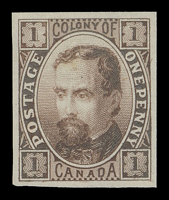 CANADA -  1 ESSAYS  Plate essay, engraved, printed in dim brown on white hard bond paper (0.004" thick), scarce and VF