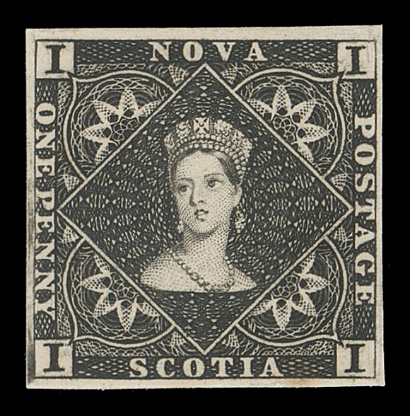 NOVA SCOTIA -  1 PENCE  1,Perkins Bacon original plate proof in black on thin card, superb with unusually vivid colour and sharp impression, full margins all around. A gorgeous proof, XF