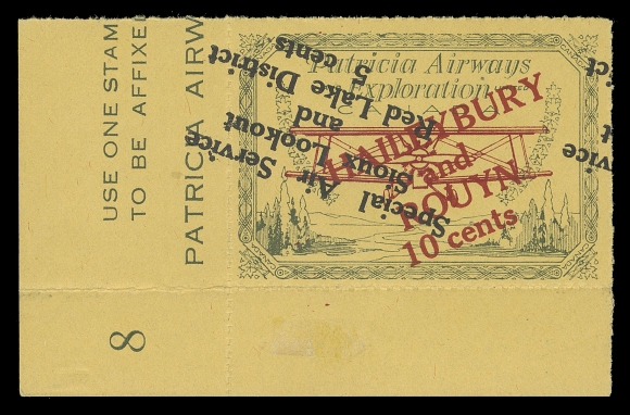 CANADA - 13 SEMI-OFFICIAL AIRMAILS  CL28a,A corner margin example, Series "8" number, showing ascending 10c overprint (Type A) in red along with INVERTED descending 5c overprint (Type C) in black, LH in selvedge only, otherwise VF NH