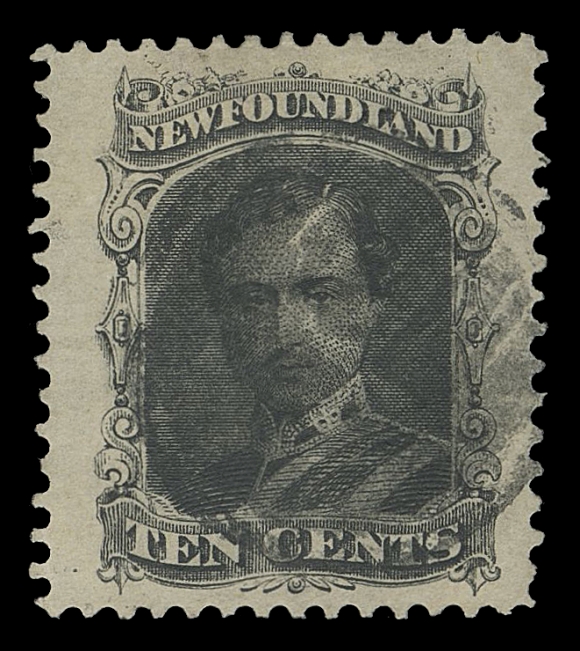 NEWFOUNDLAND -  2 CENTS  27a,An exceptional used single, very well centered amidst  uncharacteristically massive margins, distinctive early printing  paper and shade, centrally struck circular segmented cork cancel.  An impressive stamp in all respects with the largest margins we  have seen on this stamp, XF JUMBO