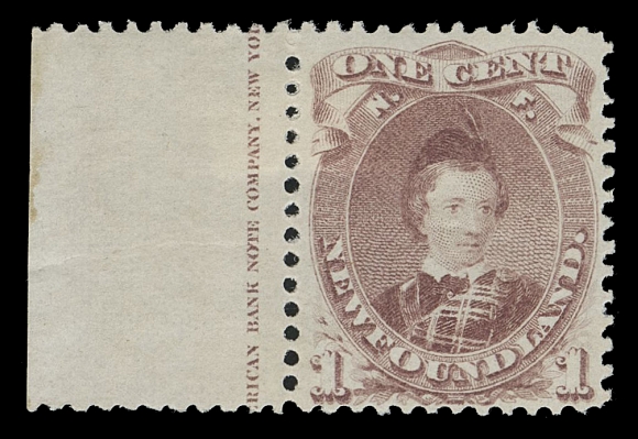NEWFOUNDLAND -  2 CENTS  32A,An eye-catching mint example of this challenging stamp, remarkably fresh and displaying a near complete ABNC imprint in left margin. Undercatalogued in our opinion, F-VF H