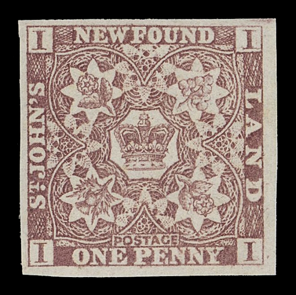 NEWFOUNDLAND -  1 PENCE  1 variety,A fresh mint example with large margins, shows the Major Misplaced Entry (Trimble Re-entry No. 3: Position unknown) with plate marks on upper right value tablet, in right-hand florals and around the Crown; full original gum, VF NH