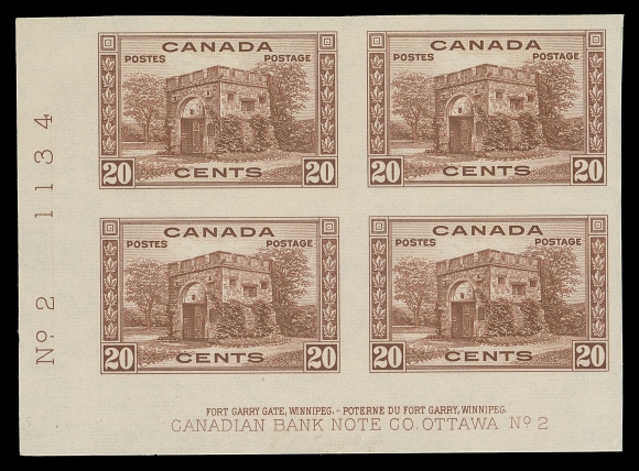 CANADA -  9 KING GEORGE VI  241b-245b, 241c,An outstanding set of six imperforate plate number blocks of four, includes: 

Ten cent dark carmine lower left Plate 1 
Ten cent rose carmine lower left Plate 2 
Thirteen cent blue lower left Plate 1 
Twenty cent red brown lower left Plate 2 
Fifty cent green upper left Plate 1 
One dollar dull violet upper right Plate 1 

A remarkable set in choice condition, all with full margins, bright fresh colours and full original gum, never hinged; 13c has some gum disturbance mostly in the selvedge, 50c with tiny moisture spot mentioned for the record. An exceptionally rare and highly desirable set. VF-XF NH (Unitrade cat. $33,000)

A KEY SHOWPIECE SET OF THE KING GEORGE VI ERA. ONLY THREE SETS CAN POSSIBLY EXIST. 
