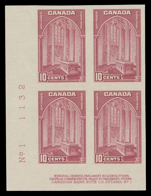 CANADA -  9 KING GEORGE VI  241c,A mint lower left Plate 1 imperforate block of four, brilliant fresh with full original gum, lightly hinged at top. A very rare plate block, VF