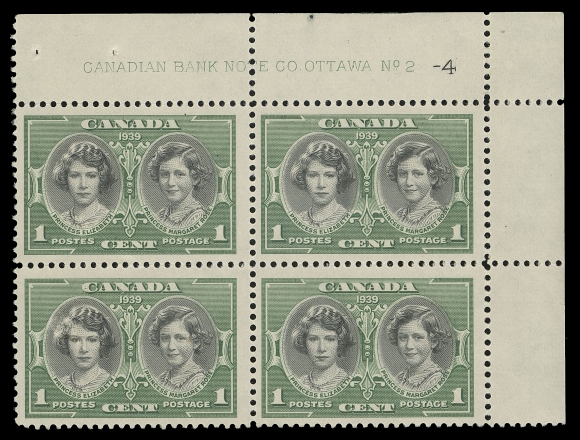 CANADA -  9 KING GEORGE VI  246,An "Impossible" plate block - Upper Right Plate 2-4, small area of missing gum at lower left and light wrinkle at top left. One of ONLY TWO KNOWN, F-VF OG; includes copies of detailed articles on the subject along with census and background information.
