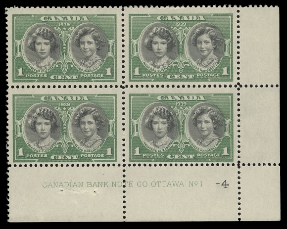 CANADA -  9 KING GEORGE VI  246,An "Impossible" plate block - Lower Right Plate 1-4, staple mark in lower margin, fresh colours, the ONLY KNOWN BLOCK, F-VF NH; includes copies of detailed articles on the subject along with census and background information.